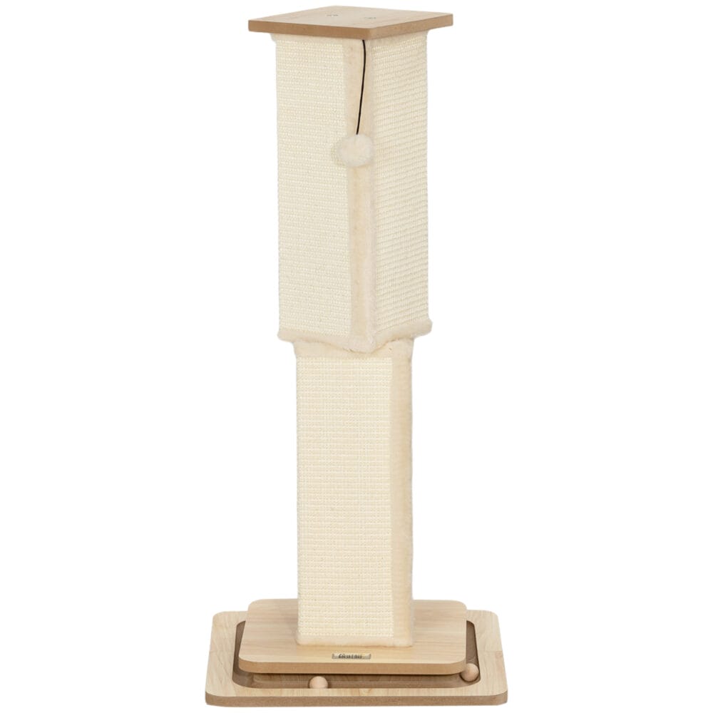 Eichenfarbener 3-in-1 Sisal-Kratzstamm mit Spielball, 87cm hoch, kombiniert Kratzfläche und Spielspass.