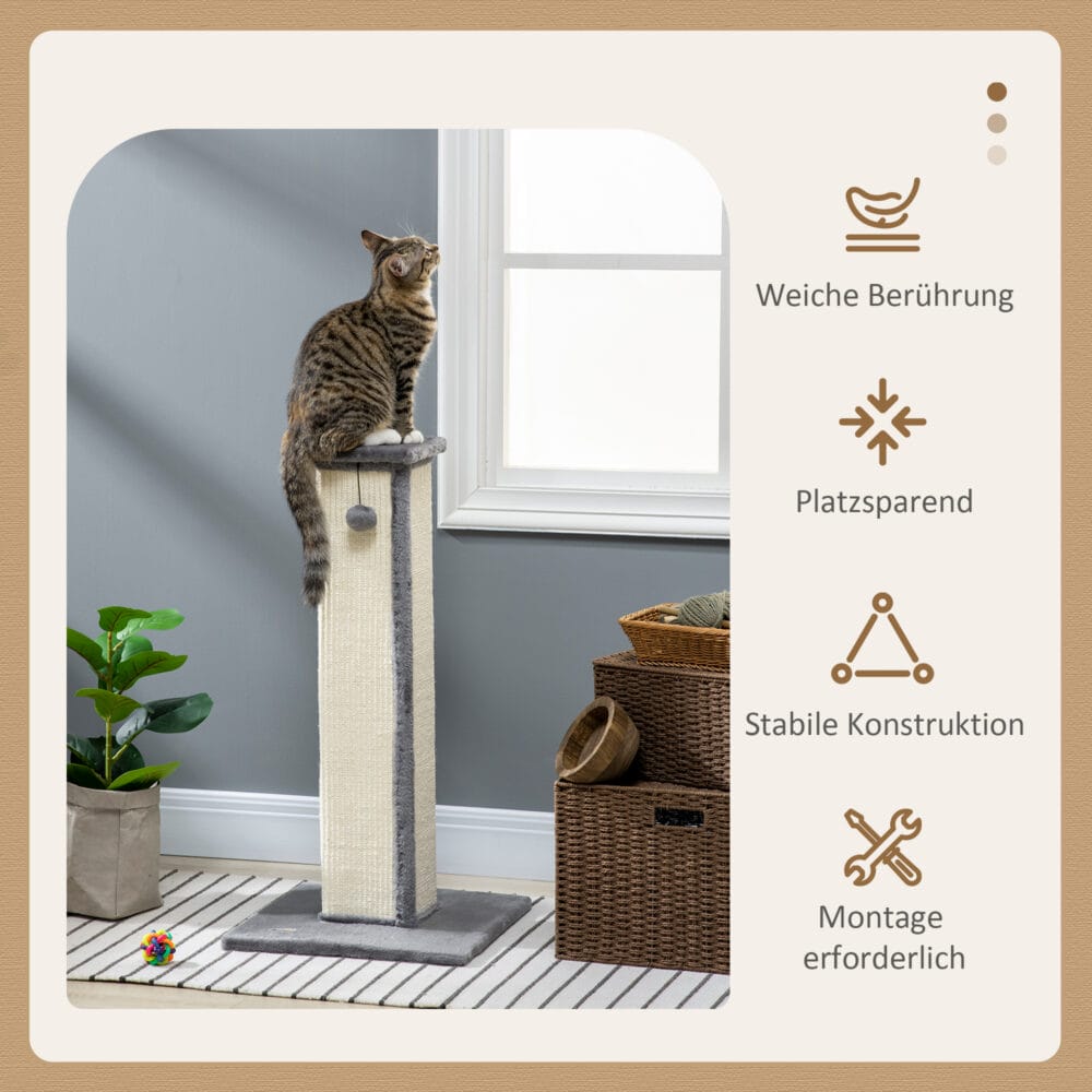 Grau-cremefarbener Sisal-Kratzstamm mit integriertem Spielball, 81cm hoch, perfekt zum Krallenwetzen und Spielen.