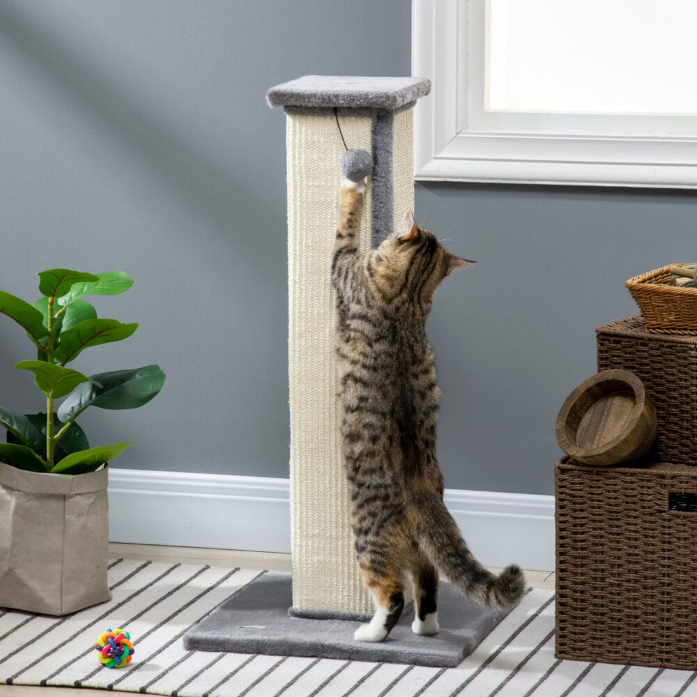 Grau-cremefarbener Sisal-Kratzstamm mit integriertem Spielball, 81cm hoch, perfekt zum Krallenwetzen und Spielen.