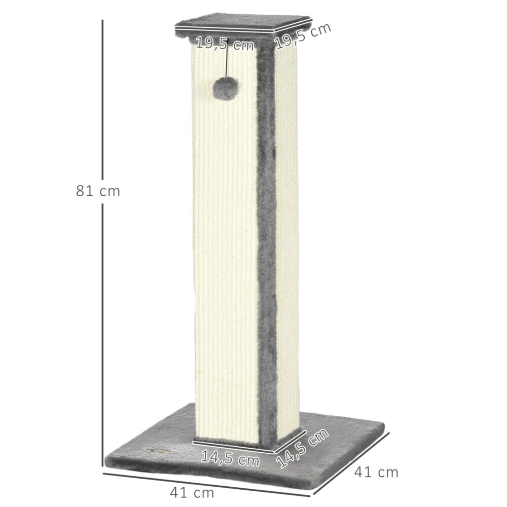 Grau-cremefarbener Sisal-Kratzstamm mit integriertem Spielball, 81cm hoch, perfekt zum Krallenwetzen und Spielen.