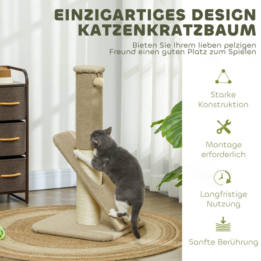 Cremeweisser Sisal-Kratzstamm mit Spielball für den Innenbereich, 84cm hoch, bietet Katzen eine ideale Möglichkeit zum Kratzen.