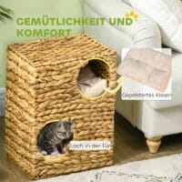 Hellbraune Kratztonne mit zwei Höhlen aus Wasserhyazinthe, 55cm hoch, bietet Komfort und Kratzmöglichkeiten.
