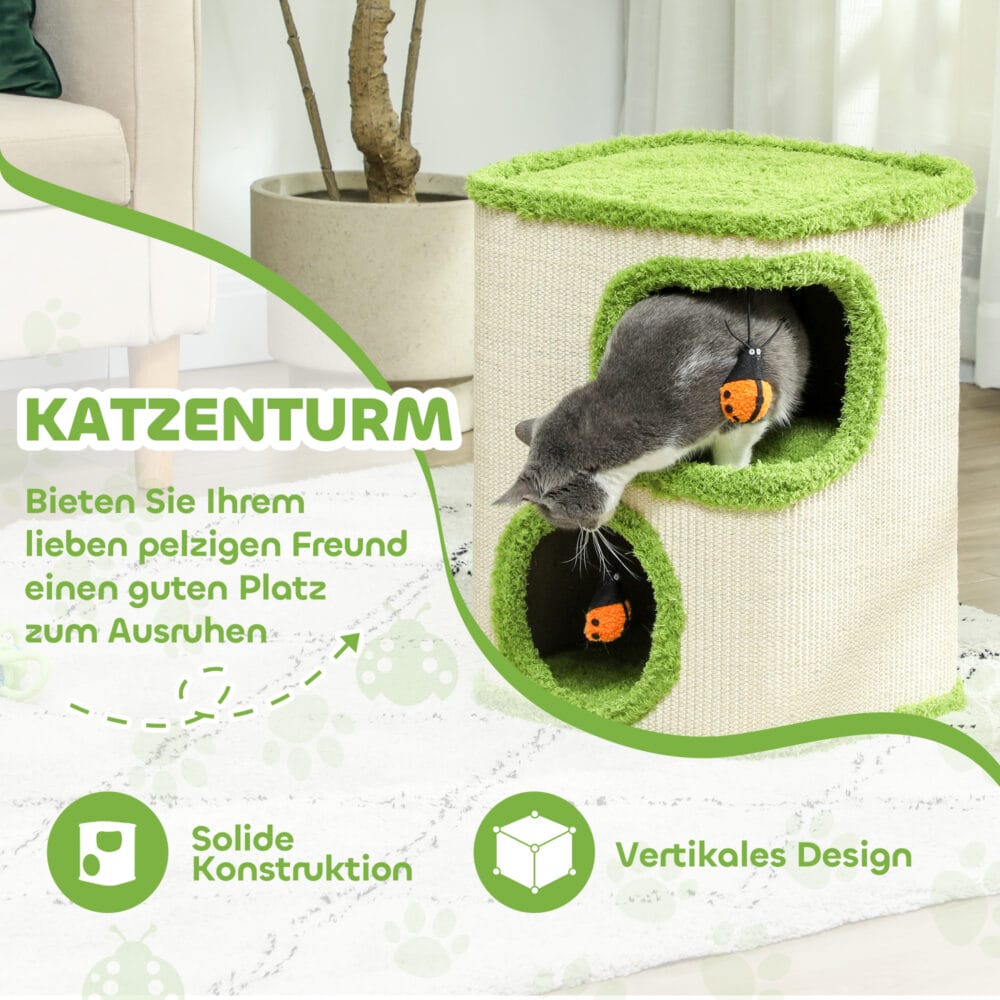 Grün-cremeweisse Kratztonne mit zwei Höhlen und Marienkäfer-Spielzeug, 52cm hoch, ein verspielter Kratz- und Rückzugsort.
