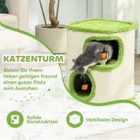 Grün-cremeweisse Kratztonne mit zwei Höhlen und Marienkäfer-Spielzeug, 52cm hoch, ein verspielter Kratz- und Rückzugsort.