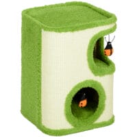 Grün-cremeweisse Kratztonne mit zwei Höhlen und Marienkäfer-Spielzeug, 52cm hoch, ein verspielter Kratz- und Rückzugsort.