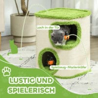 Grün-cremeweisse Kratztonne mit zwei Höhlen und Marienkäfer-Spielzeug, 52cm hoch, ein verspielter Kratz- und Rückzugsort.