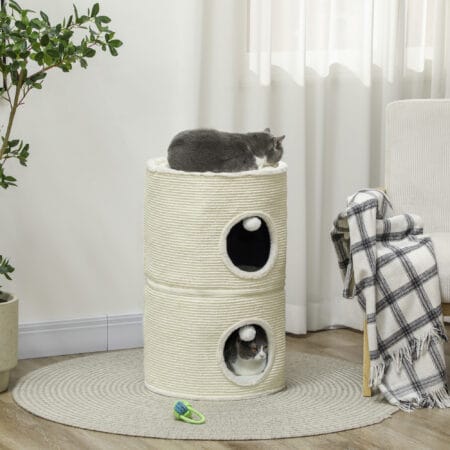 Cremeweisse Kratztonne mit zwei teilbaren Höhlen, 69cm hoch, für Katzen bis 5kg, flexibel einsetzbar und platzsparend.