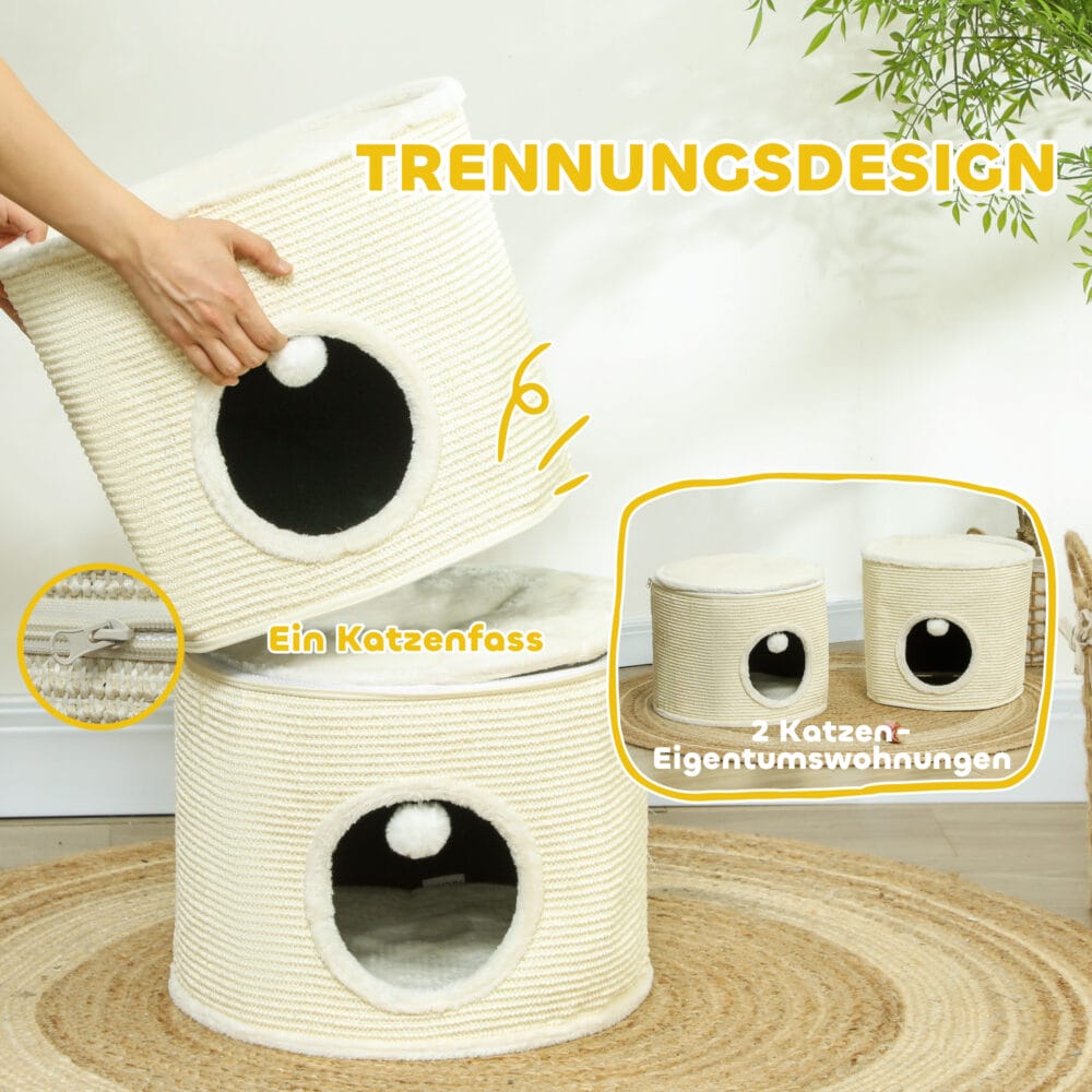 Cremeweisse Kratztonne mit zwei teilbaren Höhlen, 69cm hoch, für Katzen bis 5kg, flexibel einsetzbar und platzsparend.