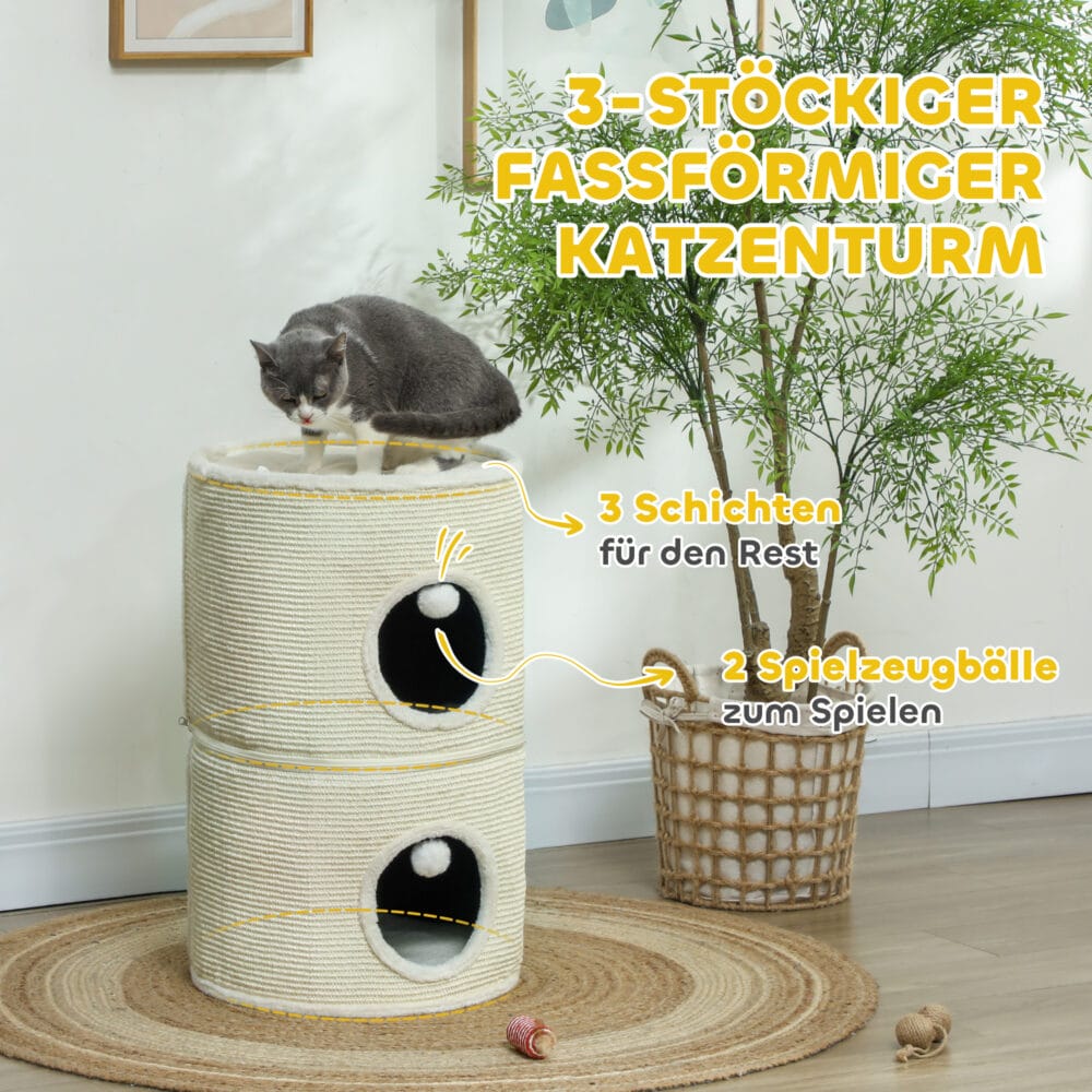 Cremeweisse Kratztonne mit zwei teilbaren Höhlen, 69cm hoch, für Katzen bis 5kg, flexibel einsetzbar und platzsparend.