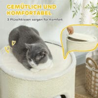Cremeweisse Kratztonne mit zwei teilbaren Höhlen, 69cm hoch, für Katzen bis 5kg, flexibel einsetzbar und platzsparend.