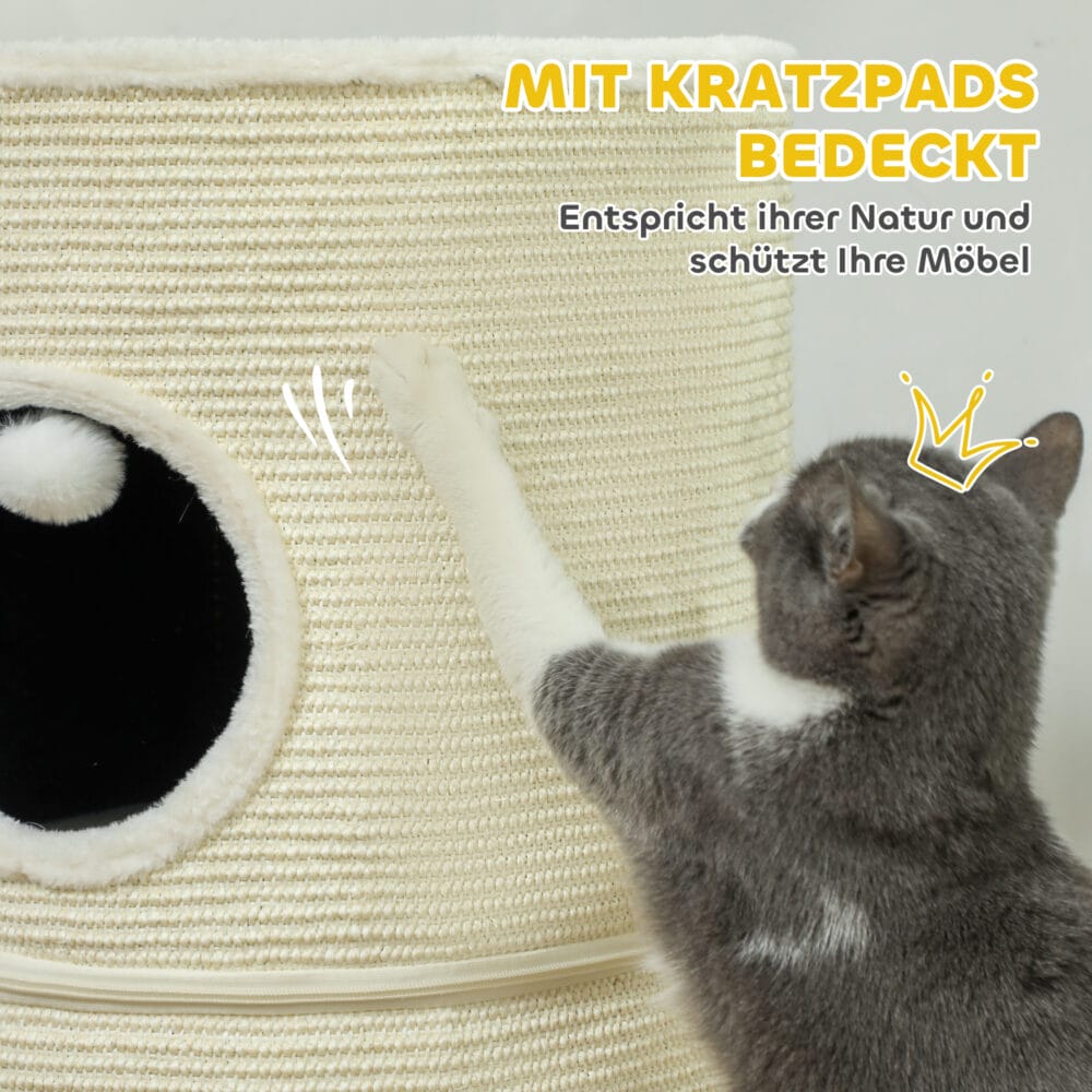 Cremeweisse Kratztonne mit zwei teilbaren Höhlen, 69cm hoch, für Katzen bis 5kg, flexibel einsetzbar und platzsparend.