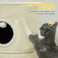 Cremeweisse Kratztonne mit zwei teilbaren Höhlen, 69cm hoch, für Katzen bis 5kg, flexibel einsetzbar und platzsparend.