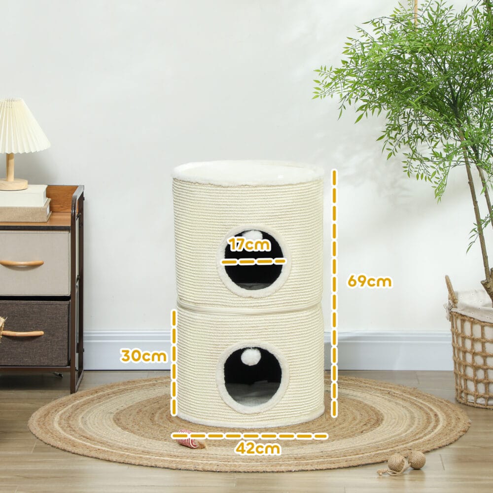 Cremeweisse Kratztonne mit zwei teilbaren Höhlen, 69cm hoch, für Katzen bis 5kg, flexibel einsetzbar und platzsparend.