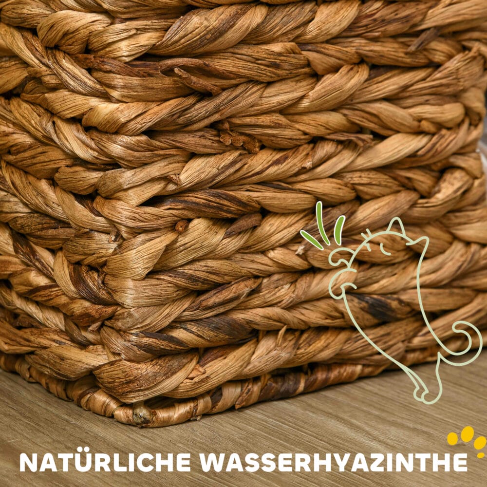 Hellbraune Kratztonne mit drei Höhlen aus Wasserhyazinthe, 76cm hoch, ein robuster und beliebter Kratz- und Versteckplatz.