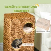 Hellbraune Kratztonne mit drei Höhlen aus Wasserhyazinthe, 76cm hoch, ein robuster und beliebter Kratz- und Versteckplatz.
