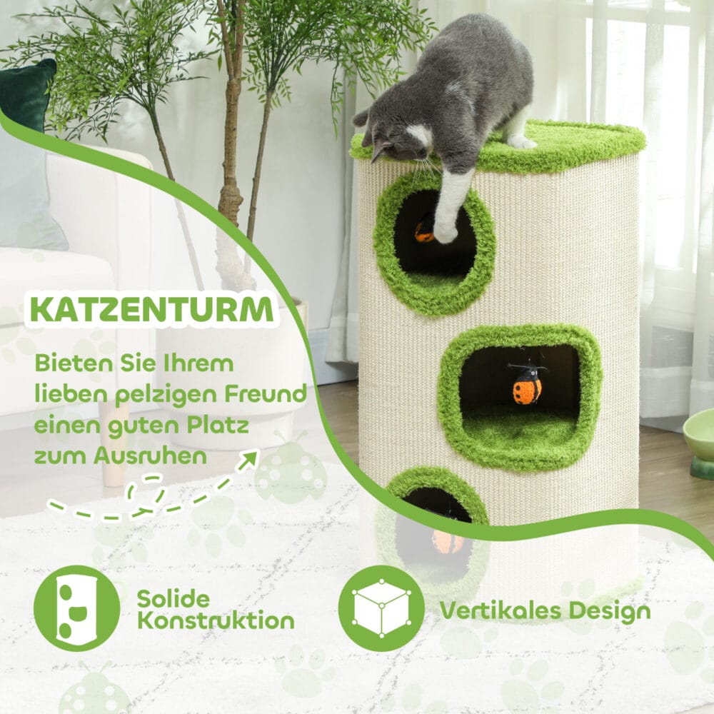 Grün-cremeweisse Kratztonne mit drei Höhlen und Marienkäfer-Spielzeug, 76cm hoch, bietet Spass und Komfort.