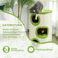 Grün-cremeweisse Kratztonne mit drei Höhlen und Marienkäfer-Spielzeug, 76cm hoch, bietet Spass und Komfort.