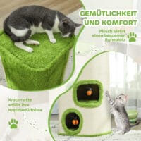 Grün-cremeweisse Kratztonne mit drei Höhlen und Marienkäfer-Spielzeug, 76cm hoch, bietet Spass und Komfort.