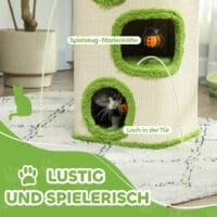 Grün-cremeweisse Kratztonne mit drei Höhlen und Marienkäfer-Spielzeug, 76cm hoch, bietet Spass und Komfort.