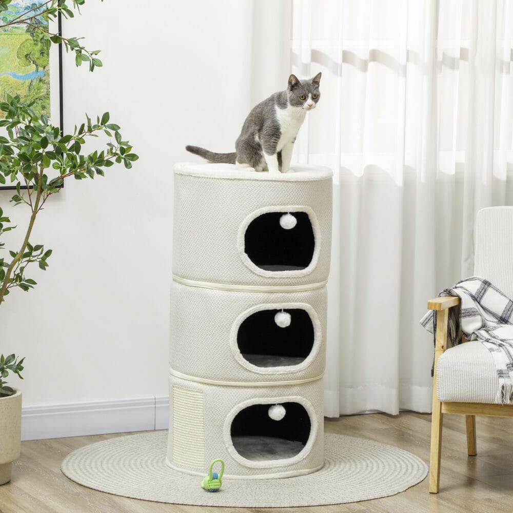 Beige-cremeweisse Kratztonne mit drei Höhlen aus Sisal, 100cm hoch, für Katzen bis 6kg, ein grosser und vielseitiger Kratz- und Schlafplatz.
