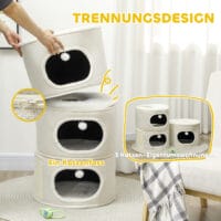 Beige-cremeweisse Kratztonne mit drei Höhlen aus Sisal, 100cm hoch, für Katzen bis 6kg, ein grosser und vielseitiger Kratz- und Schlafplatz.