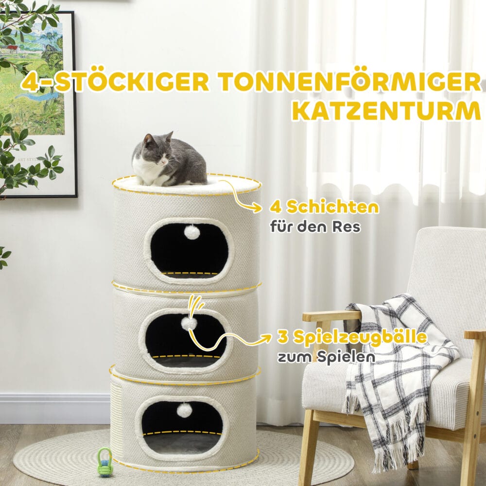Beige-cremeweisse Kratztonne mit drei Höhlen aus Sisal, 100cm hoch, für Katzen bis 6kg, ein grosser und vielseitiger Kratz- und Schlafplatz.