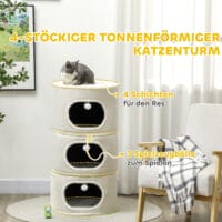 Beige-cremeweisse Kratztonne mit drei Höhlen aus Sisal, 100cm hoch, für Katzen bis 6kg, ein grosser und vielseitiger Kratz- und Schlafplatz.
