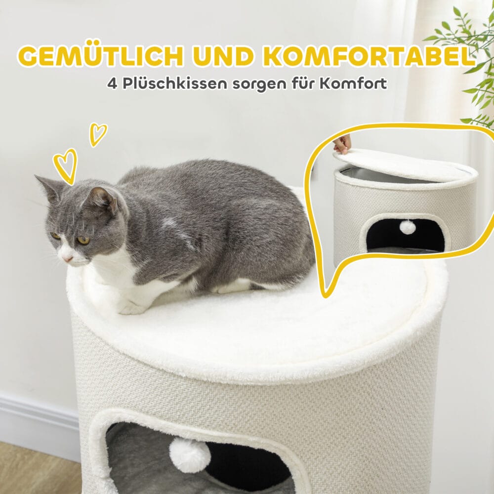 Beige-cremeweisse Kratztonne mit drei Höhlen aus Sisal, 100cm hoch, für Katzen bis 6kg, ein grosser und vielseitiger Kratz- und Schlafplatz.