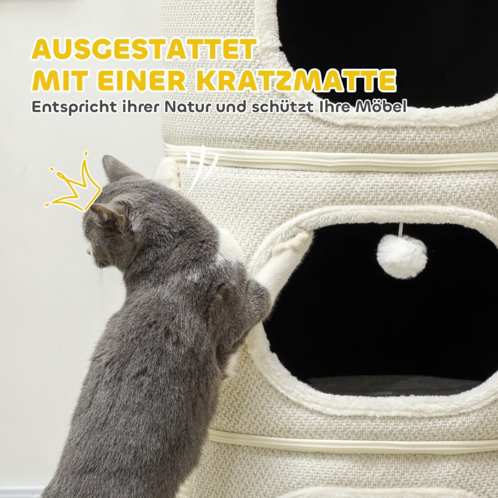 Beige-cremeweisse Kratztonne mit drei Höhlen aus Sisal, 100cm hoch, für Katzen bis 6kg, ein grosser und vielseitiger Kratz- und Schlafplatz.