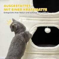 Beige-cremeweisse Kratztonne mit drei Höhlen aus Sisal, 100cm hoch, für Katzen bis 6kg, ein grosser und vielseitiger Kratz- und Schlafplatz.