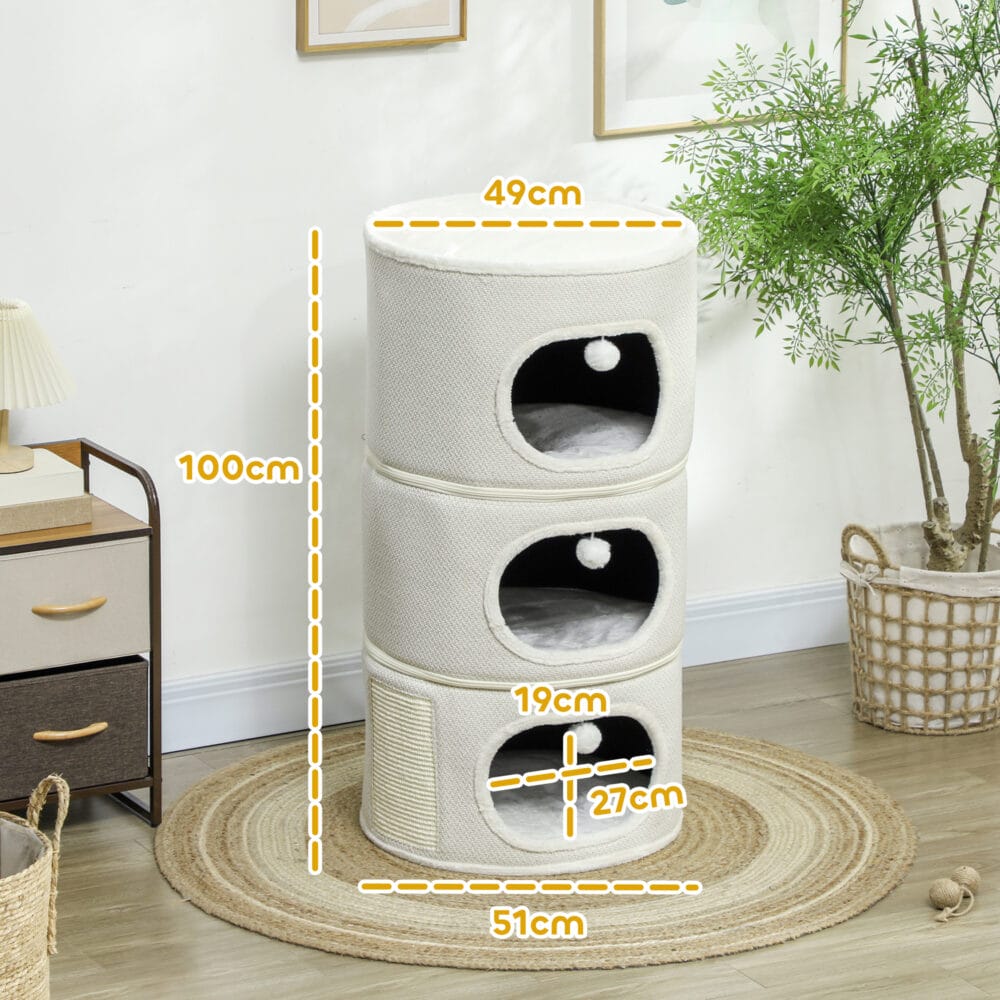 Beige-cremeweisse Kratztonne mit drei Höhlen aus Sisal, 100cm hoch, für Katzen bis 6kg, ein grosser und vielseitiger Kratz- und Schlafplatz.