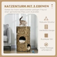 Dunkelbraune Kratztonne mit drei Höhlen aus Wasserhyazinthe, 73cm hoch, ein natürlicher und beliebter Kratz- und Schlafplatz.