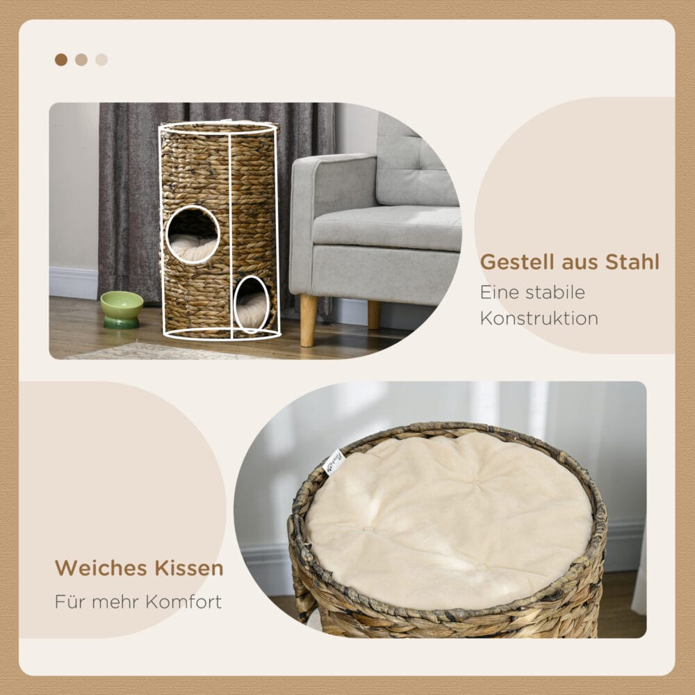 Dunkelbraune Kratztonne mit drei Höhlen aus Wasserhyazinthe, 73cm hoch, ein natürlicher und beliebter Kratz- und Schlafplatz.