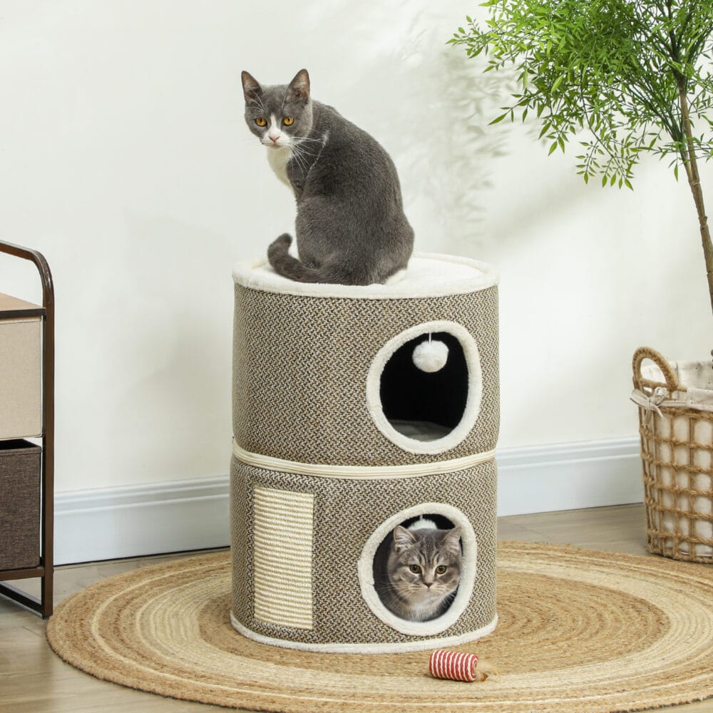 Dunkelgraue Kratztonne mit Höhle aus Sisal, 56cm hoch, für Katzen bis 5kg, bietet ausreichend Platz zum Verstecken.