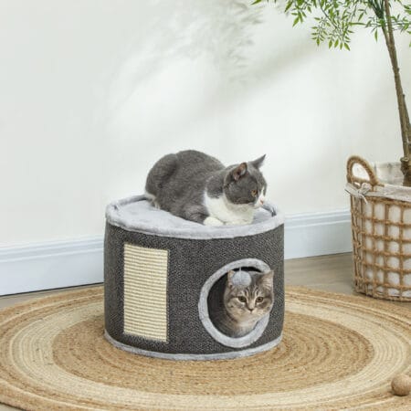 Dunkelgraue Kratztonne mit Höhle aus Sisal, 30cm hoch, für Katzen bis 5kg, ein kleiner, aber feiner Rückzugsort.