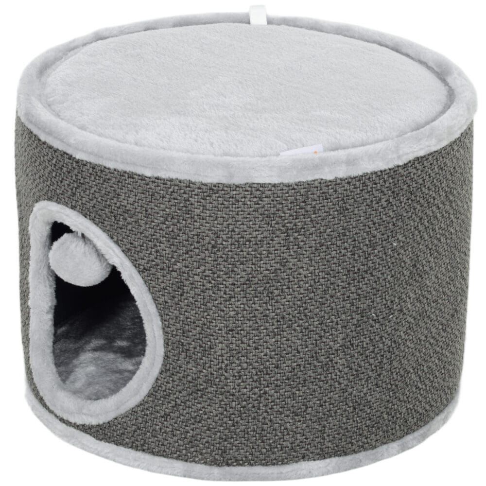 Dunkelgraue Kratztonne mit Höhle aus Sisal, 30cm hoch, für Katzen bis 5kg, ein kleiner, aber feiner Rückzugsort.