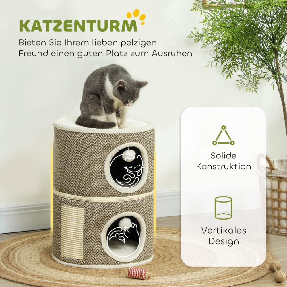 Dunkelgraue Kratztonne mit Höhle aus Sisal, 56cm hoch, für Katzen bis 5kg, bietet ausreichend Platz zum Verstecken.
