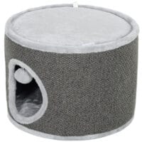 Dunkelgraue Kratztonne mit Höhle aus Sisal, 30cm hoch, für Katzen bis 5kg, ein kleiner, aber feiner Rückzugsort.