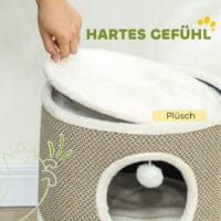 Dunkelgraue Kratztonne mit Höhle aus Sisal, 56cm hoch, für Katzen bis 5kg, bietet ausreichend Platz zum Verstecken.