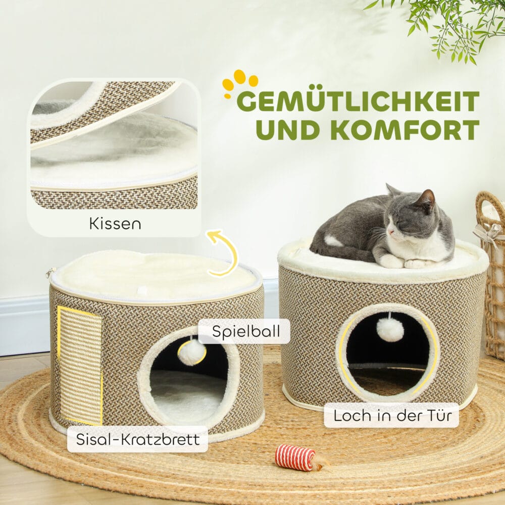 Dunkelgraue Kratztonne mit Höhle aus Sisal, 56cm hoch, für Katzen bis 5kg, bietet ausreichend Platz zum Verstecken.