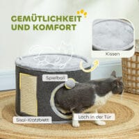 Dunkelgraue Kratztonne mit Höhle aus Sisal, 30cm hoch, für Katzen bis 5kg, ein kleiner, aber feiner Rückzugsort.