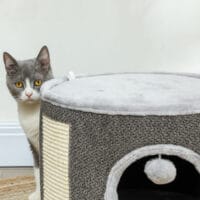 Dunkelgraue Kratztonne mit Höhle aus Sisal, 30cm hoch, für Katzen bis 5kg, ein kleiner, aber feiner Rückzugsort.