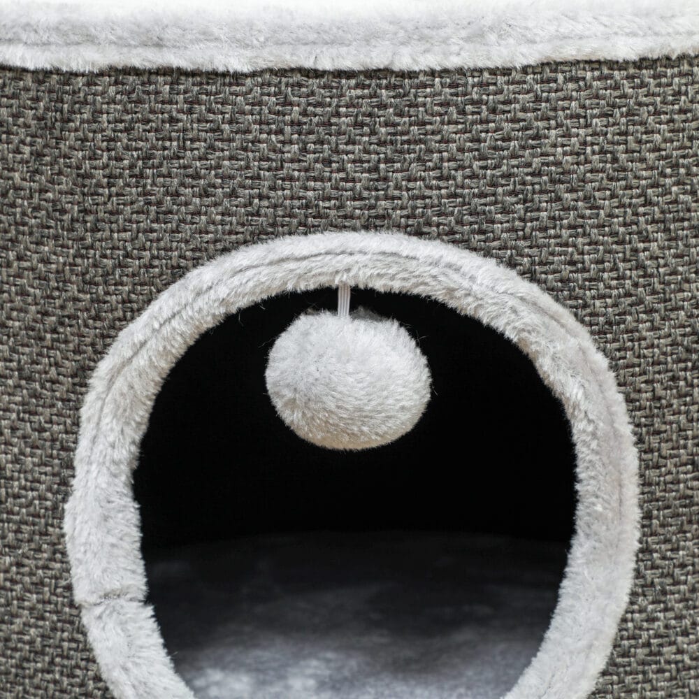 Dunkelgraue Kratztonne mit Höhle aus Sisal, 30cm hoch, für Katzen bis 5kg, ein kleiner, aber feiner Rückzugsort.