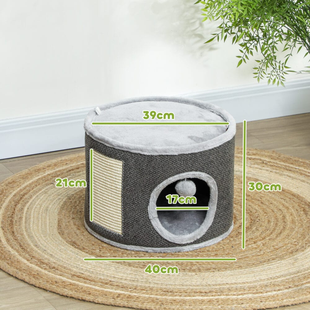 Dunkelgraue Kratztonne mit Höhle aus Sisal, 30cm hoch, für Katzen bis 5kg, ein kleiner, aber feiner Rückzugsort.