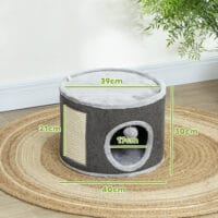 Dunkelgraue Kratztonne mit Höhle aus Sisal, 30cm hoch, für Katzen bis 5kg, ein kleiner, aber feiner Rückzugsort.