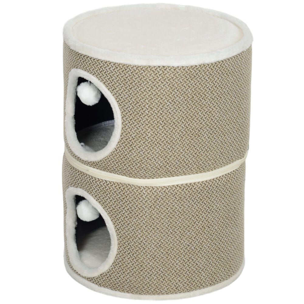 Dunkelgraue Kratztonne mit Höhle aus Sisal, 56cm hoch, für Katzen bis 5kg, bietet ausreichend Platz zum Verstecken.
