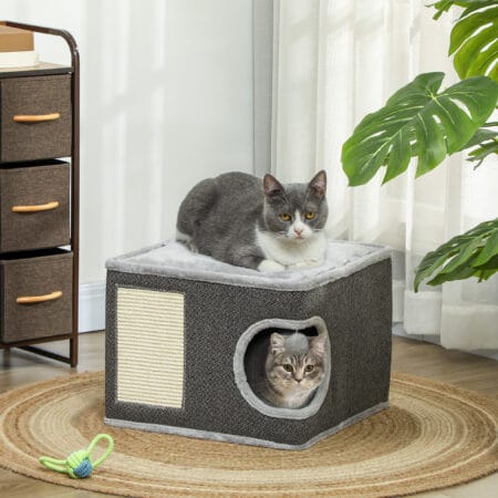 Dunkelgrau-cremeweisse Kratztonne aus Sisal, 35cm hoch, für Katzen bis 6kg, ein kompakter und effektiver Kratzplatz.