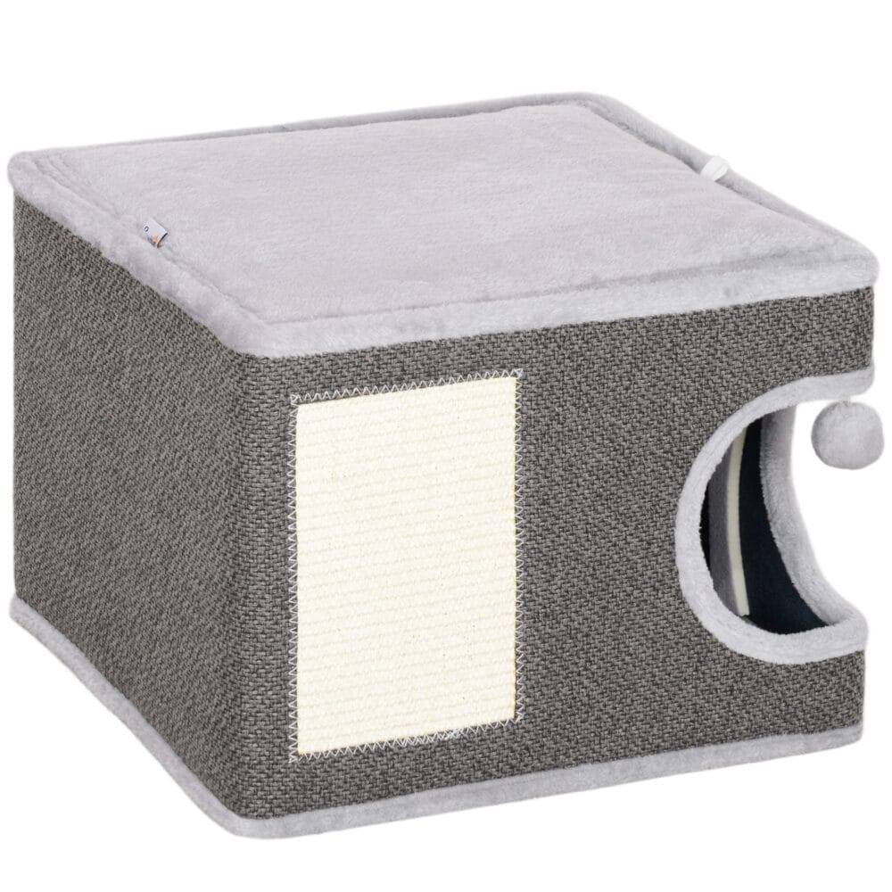 Dunkelgrau-cremeweisse Kratztonne aus Sisal, 35cm hoch, für Katzen bis 6kg, ein kompakter und effektiver Kratzplatz.