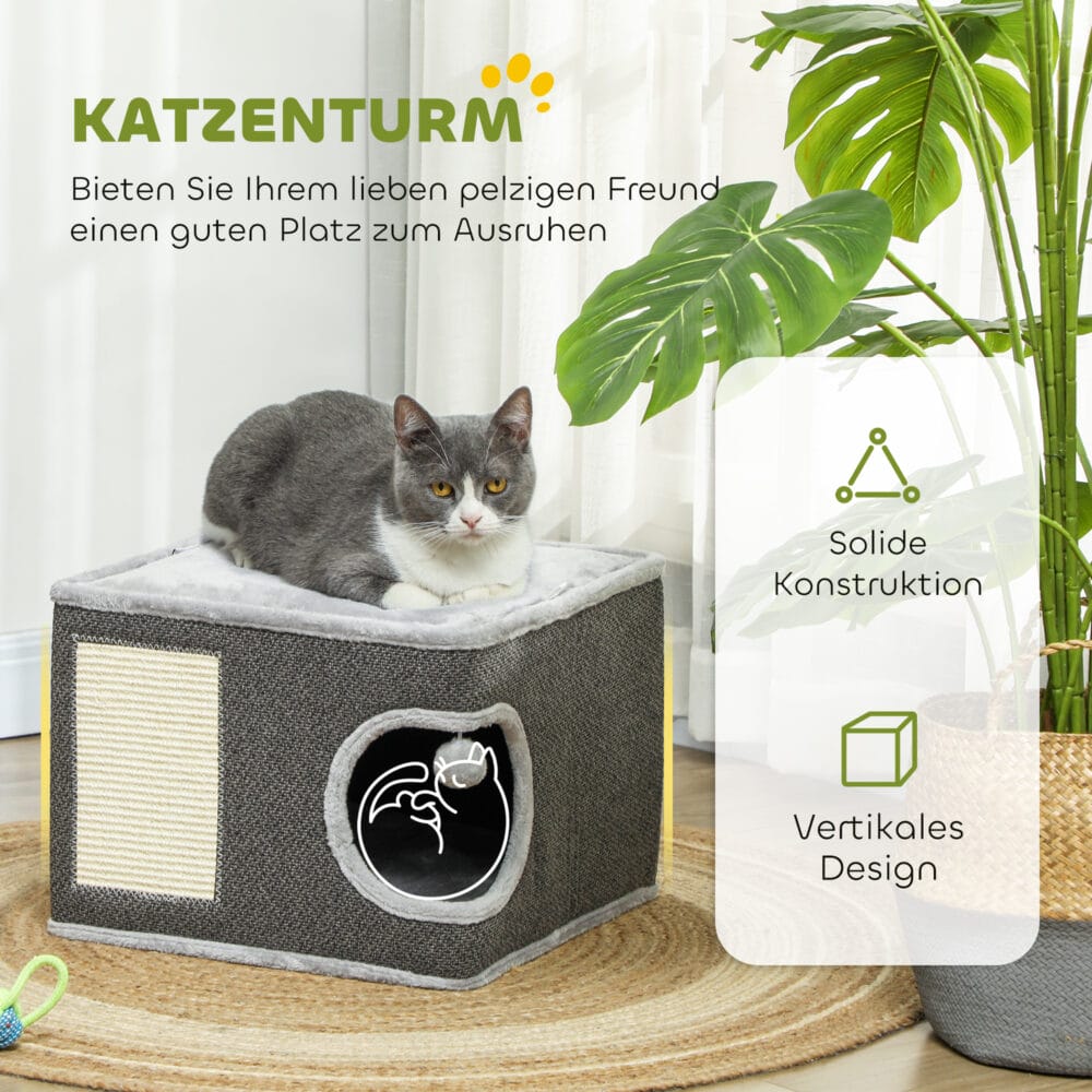 Dunkelgrau-cremeweisse Kratztonne aus Sisal, 35cm hoch, für Katzen bis 6kg, ein kompakter und effektiver Kratzplatz.