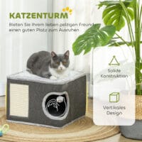 Dunkelgrau-cremeweisse Kratztonne aus Sisal, 35cm hoch, für Katzen bis 6kg, ein kompakter und effektiver Kratzplatz.